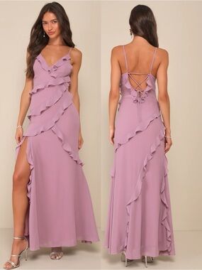 NWT Lulu’s Fancy Sweetness Lavender Ruffled Lace-Up Sleeveless Maxi Dress Chic
